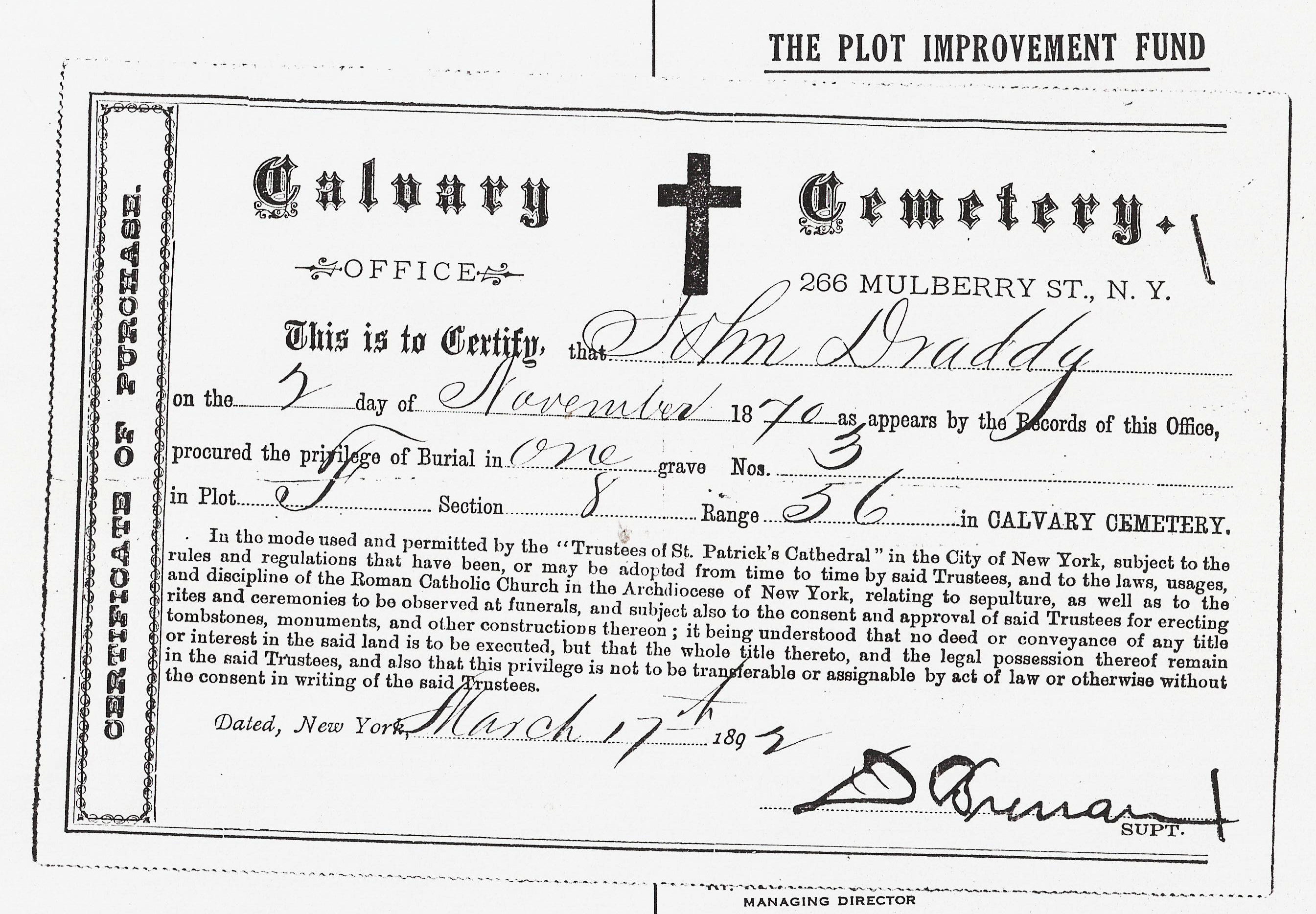 John Draddy Cemetery Plot Purchase